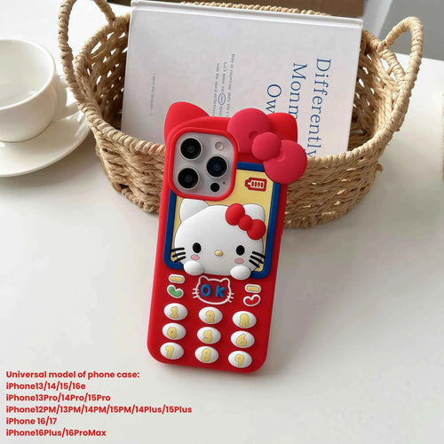 Cute 3D Telephone Hello Kitty Phone Case for iPhone 17 16 15 14 13 Pro Max Plus 17 Pro Cartoon Soft Silicone Cover with Lanyard